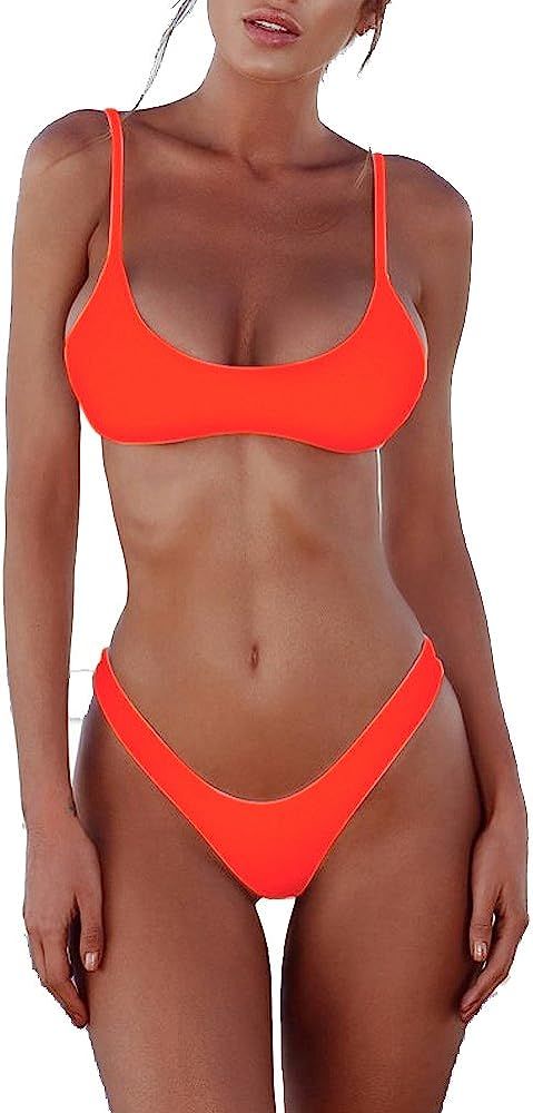 Women's Solid Scoop Neck Push up Padded Brazilian Thong Bikini Swimsuit | Amazon (US)