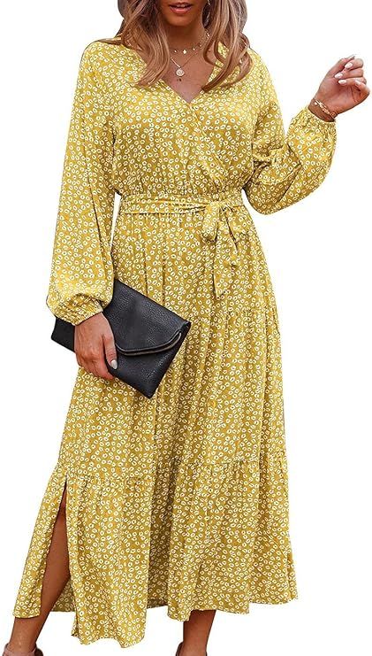 SHIBEVER Women's Floral Button Up Split Dresses V Neck Short Sleeve Casual Front Tie Summer Midi ... | Amazon (US)