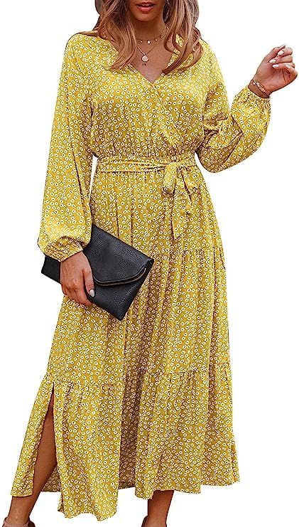 SHIBEVER Women's Floral Button Up Split Dresses V Neck Short Sleeve Casual Front Tie Summer Midi ... | Amazon (US)