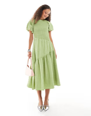 Ghospell Lia textured asymmetric midi dress in apple green | ASOS (Global)