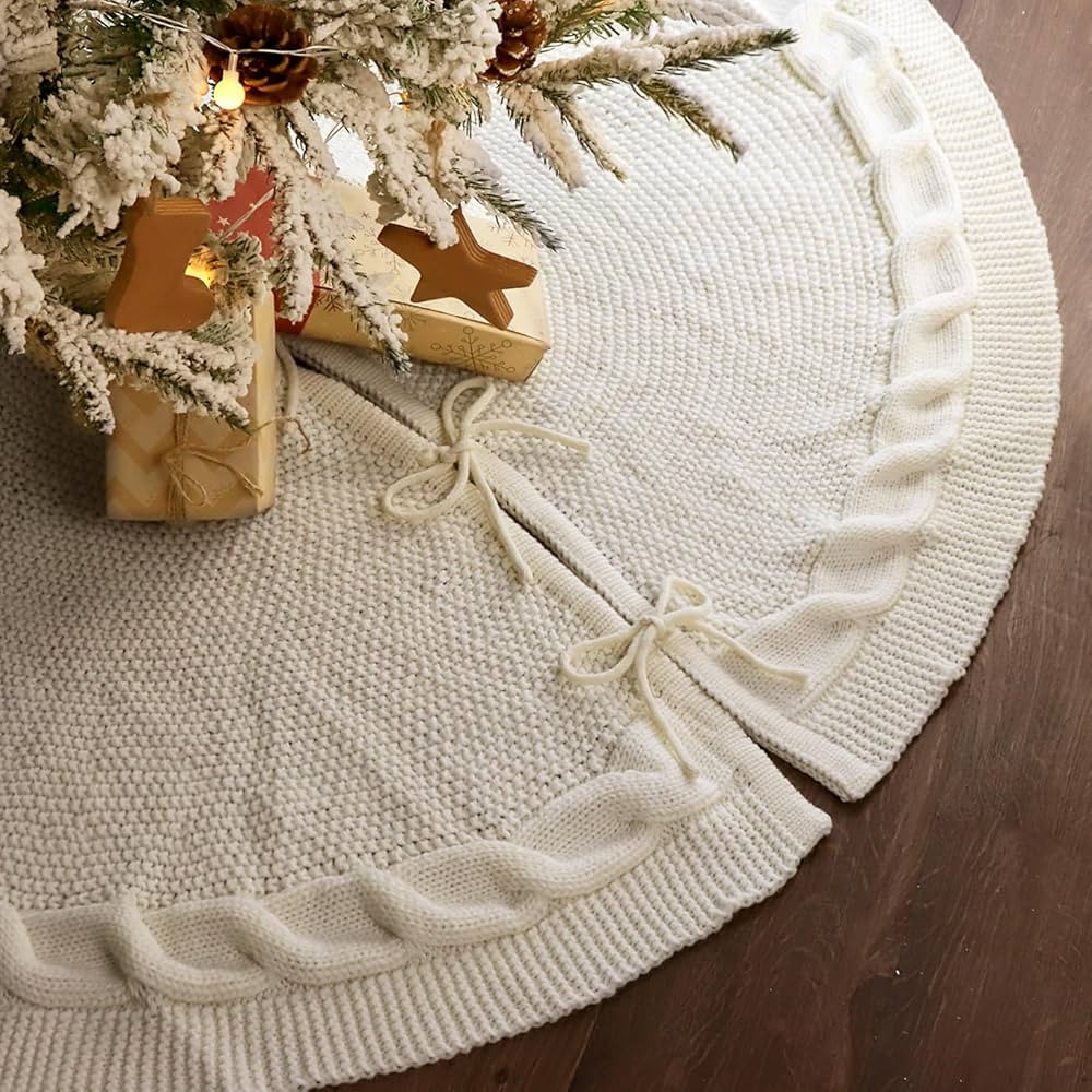LimBridge Knitted Christmas Tree Skirt: 48 Inches Cream White Tree Skirt, Chunky Cable Knit Thick... | Amazon (US)