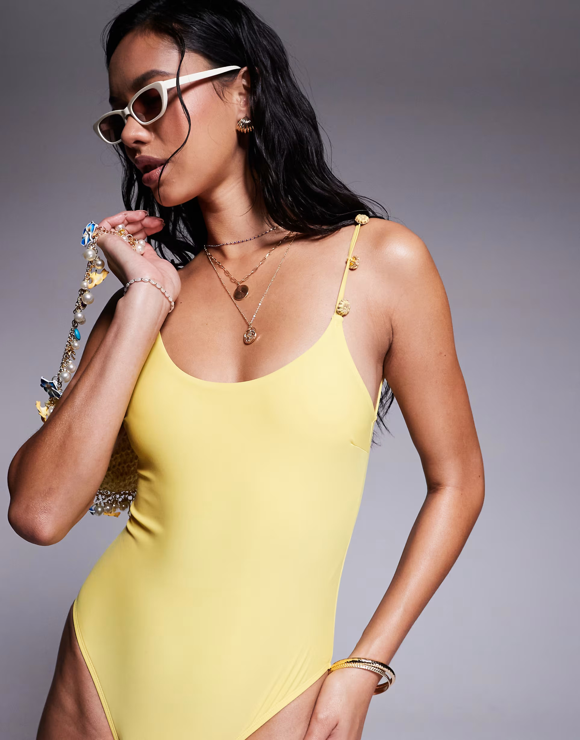 ASOS DESIGN Jen swimsuit with flower trim detail in yellow | ASOS (Global)