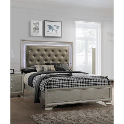 Modern Champagne Crocodile Skin Finish Upholstered 1Pc King Size LED Panel Bed Faux Diamond Tufted Bedroom Furniture | Wayfair North America