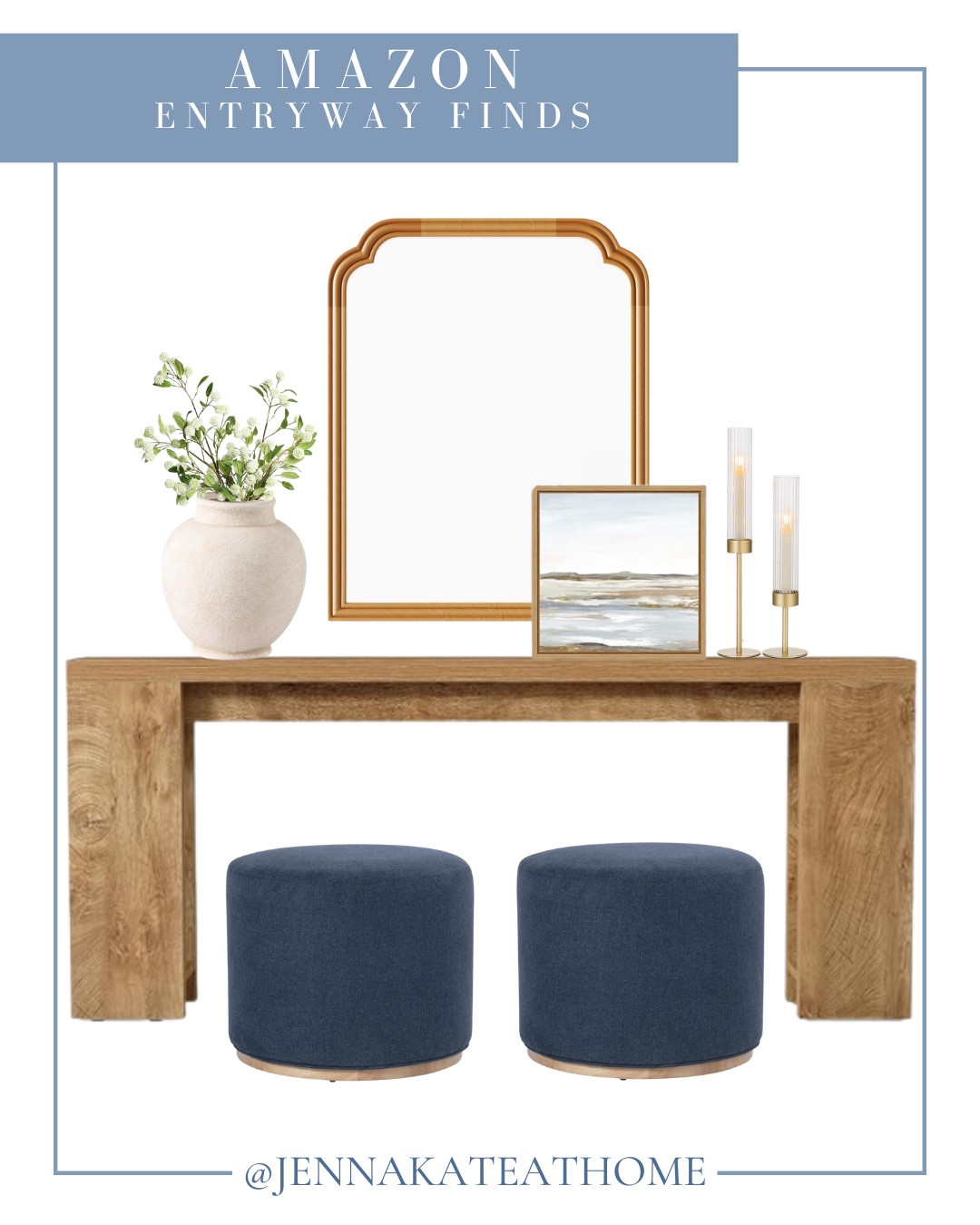 Amazon entryway finds include console, ottoman, wall art, mirror, candle holders, vase, and floral stems.

Home decor, looks for less, styled home, styled entryway

#LTKHome #LTKSeasonal #LTKSaleAlert