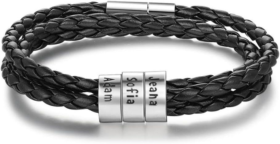 REMFACIO Mens Leather Bracelets Personalized Name Engraved Bracelet Leather Braid Bracelet Gifts ... | Amazon (US)