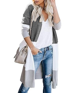 CARDYDONY Women's Long Cardigan Open Front Color Block Cardigan Knit Sweaters | Amazon (US)