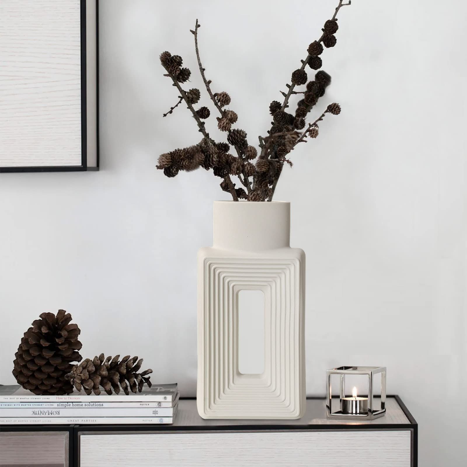 White Ceramic Vase Set of 2，Square Vase Rustic Home Decor Minimalist Nordic Boho Style for Livi... | Amazon (US)