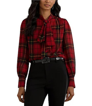 Lauren Ralph Lauren Georgette Checkered Plaid Tie Neck Long Sleeve Blouse | Dillard's | Dillard's