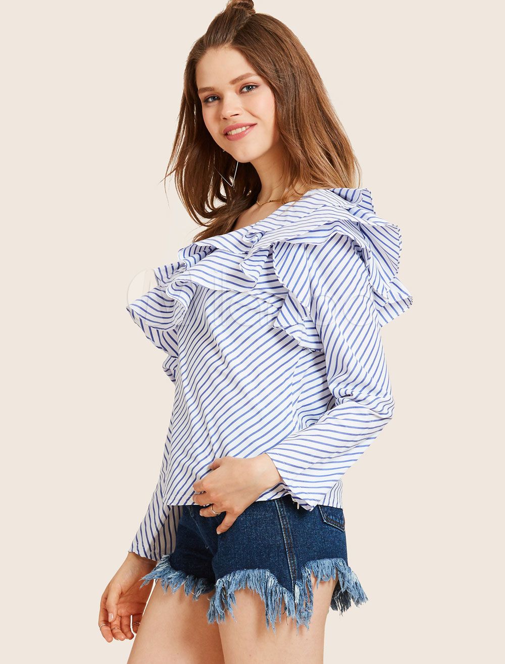 Blue Casual Blouses One Shoulder Ruffles Striped Long Sleeve Layered Top For Women | Milanoo