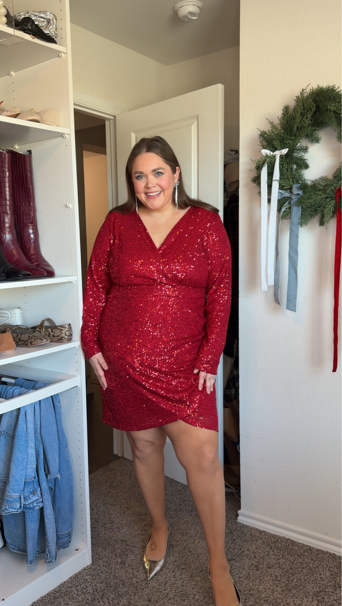 Affordable plus size holiday outfit wearing size 2 in sequin mini dress. Wide fit kitten heels  Earrings are one but linked similar. 

#LTKHoliday #LTKFindsUnder50 #LTKPlusSize