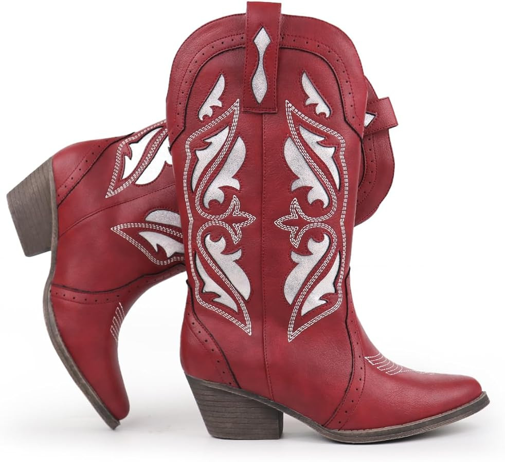 Hawkwell Women's Embroidered Stitched Mid Calf Cowboy Boots Pointed Toe Chunky Block Heel Classic... | Amazon (US)