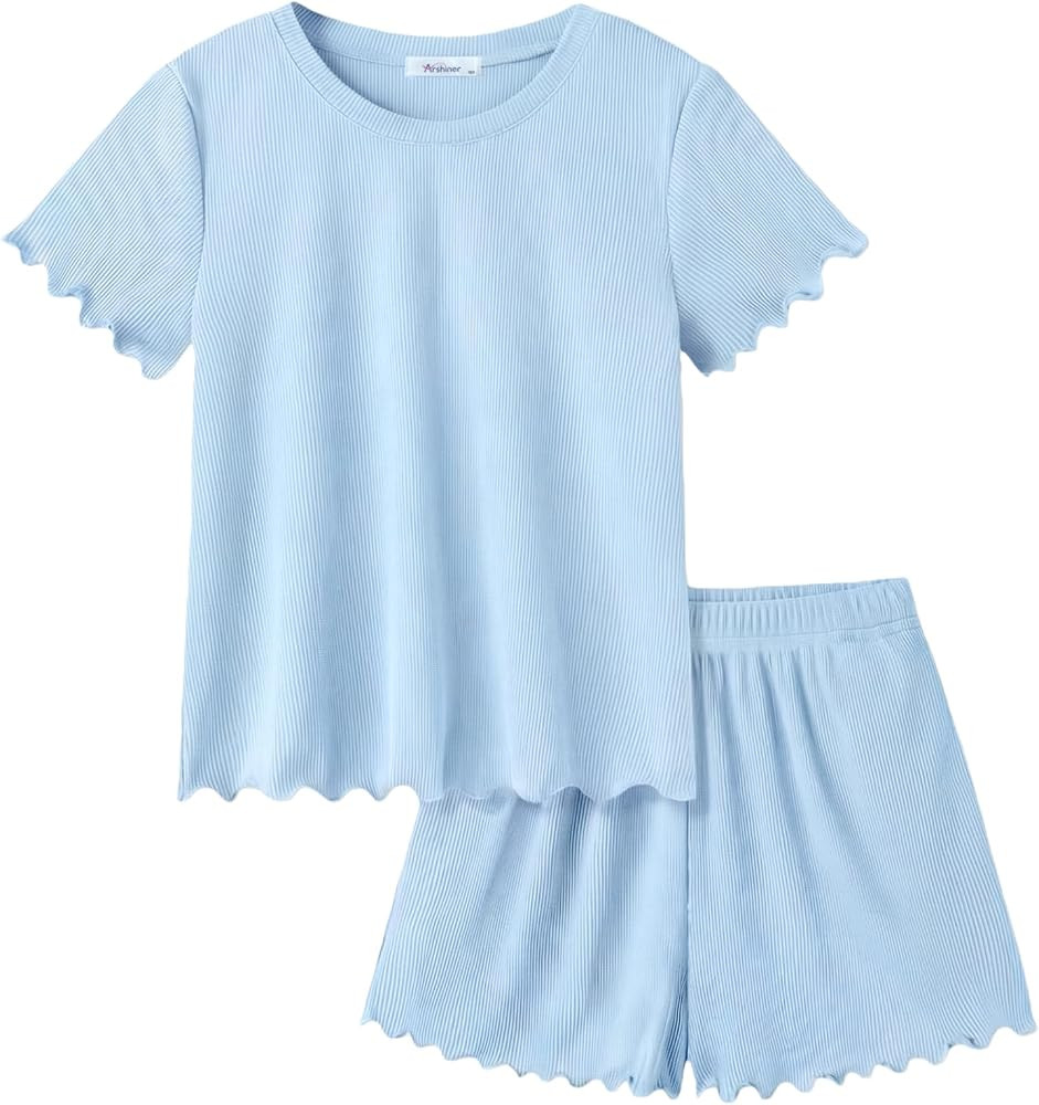 Arshiner Girls Shorts Set 2\u2011Piece Ribbed Knit Summer Outfit Short Sleeve Top & Elastic Waist... | Amazon (US)