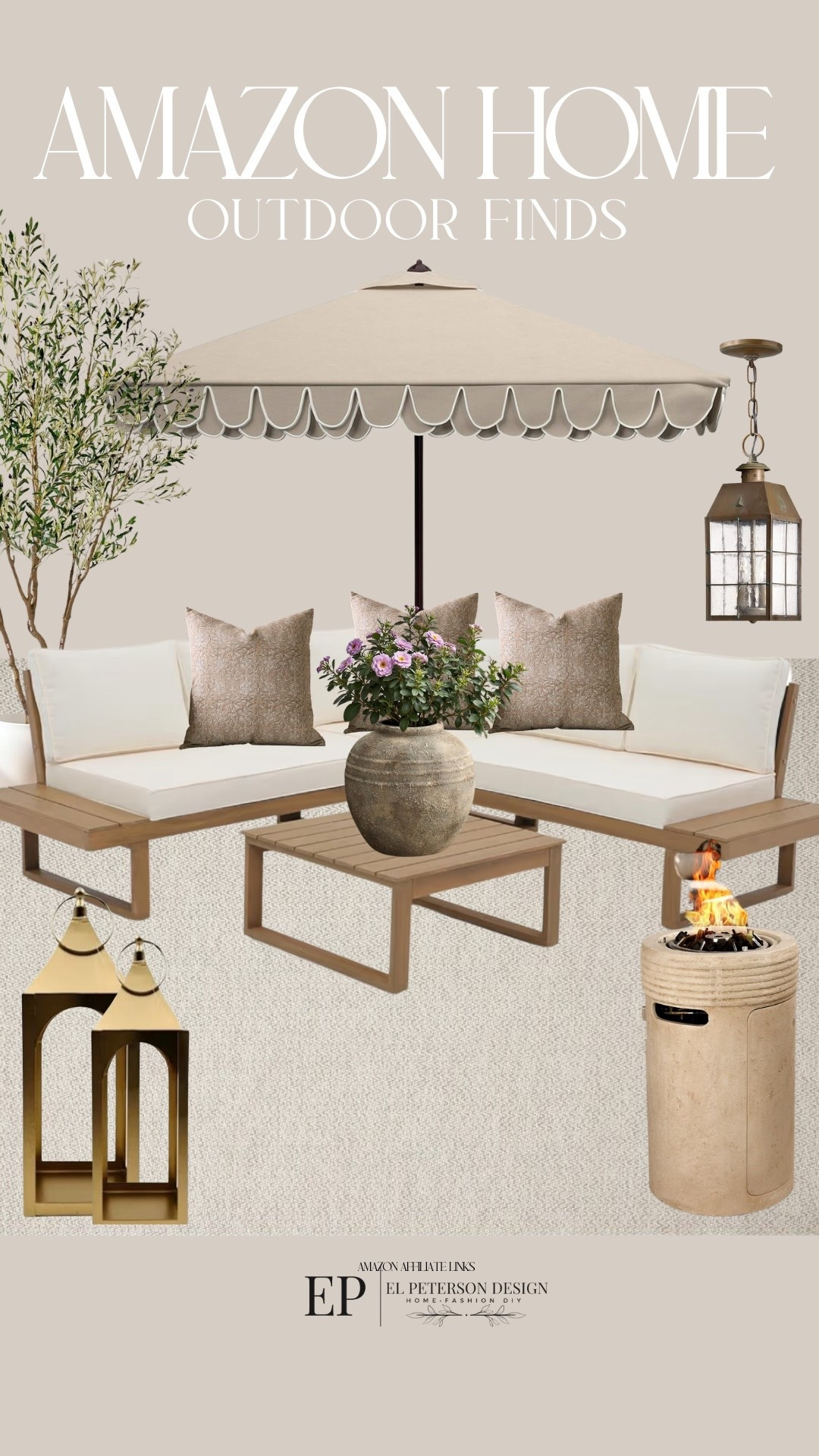 Amazon Outdoor
Outdoor sectional
Umbrella
Faux tree
Floor lantern
Fire pit
Vase
Pendant light

#LTKHome