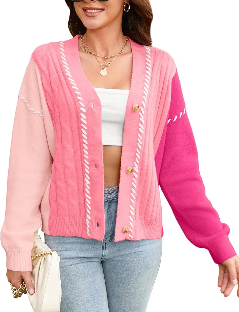 V FOR CITY Women's Cable Knit Cardigan Sweater Long Sleeve Open Front Chunky Cropped Cardigan Col... | Amazon (US)