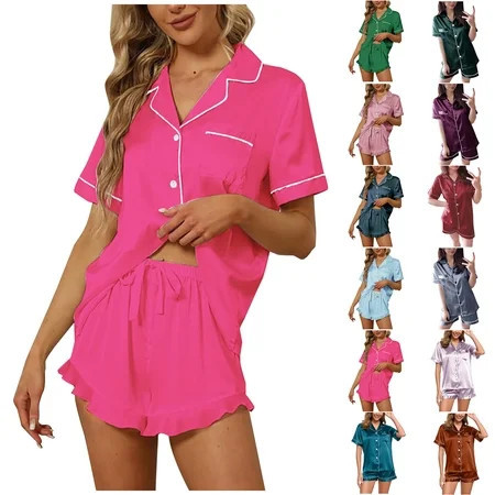 Vetsdori Womens Shorts & Top Pajamas Sets Button up Casual Homewear Pockets Soft Sleepwear 2 Pieces Pajamas for Women Holiday | Walmart (US)