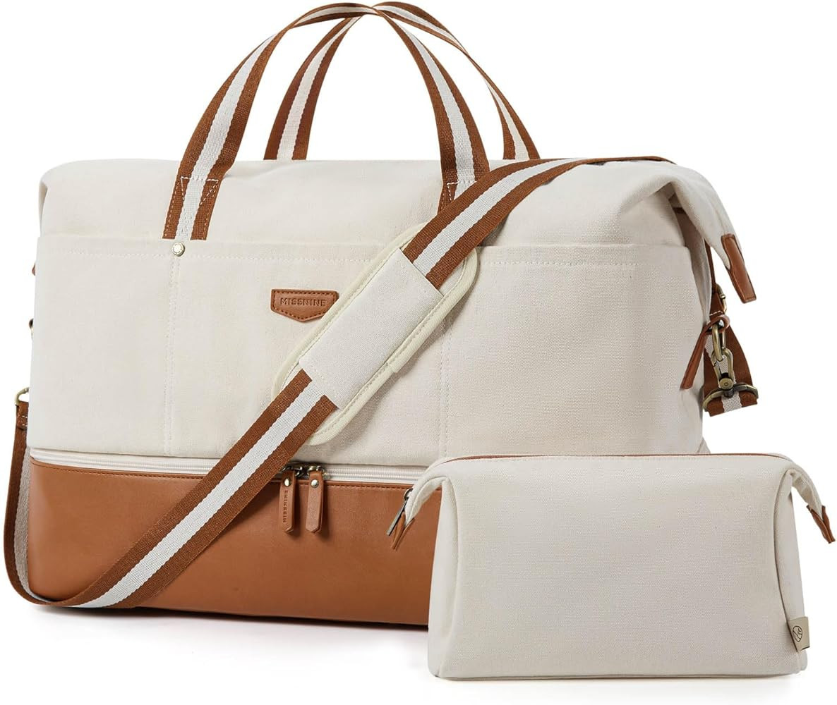 MISSNINE Weekender Bag for Women, Canvas Travel Duffle Bag Large Overnight bag Carry On Bag for Travel Gym Work with Leather Shoe Compartment, 2 Pcs Set | Amazon (US)