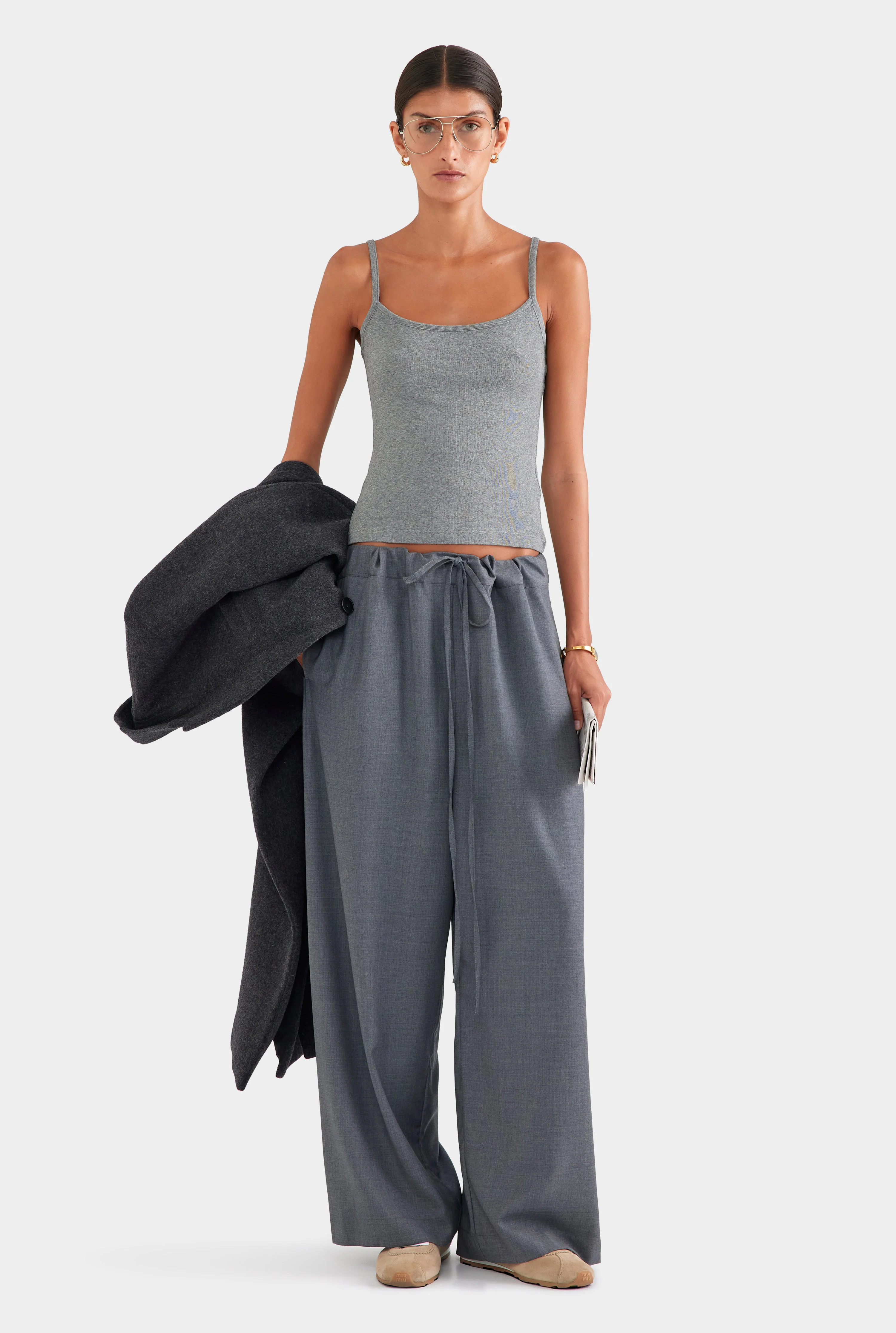 Womens Wool Paperbag Pant in Dark Grey Marl | Venroy | Venroy AU