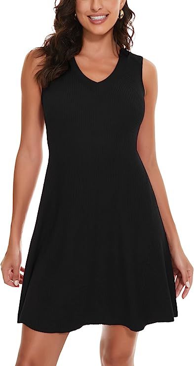 A ROW Sleeveless Sweater Dress for Women Knee Length Stretchy Fitted V Neck Ribbed Knit Dresses f... | Amazon (US)