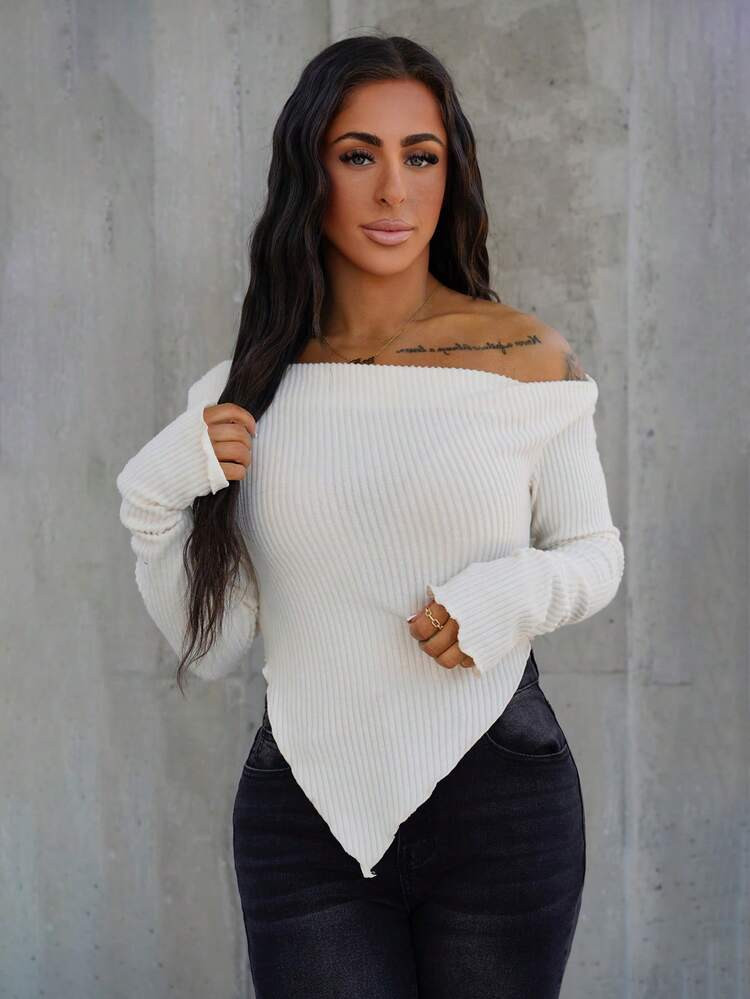 SAYEHFBABY White Top;Asymmetric Pleated Solid White Long Sleeve T-Shirt, Autumn/Spring; Women's K... | SHEIN