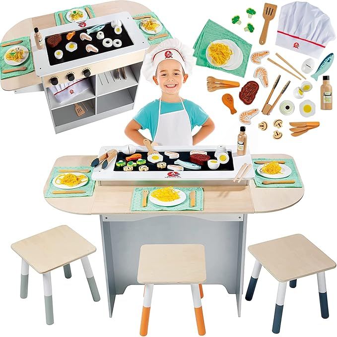 Hibachi Grill Wooden Kids Playset w/ Stools, Table Settings and Over 25 Toy Food Pieces - Noodles... | Amazon (US)