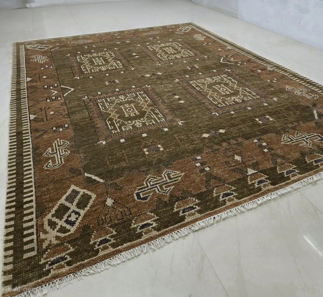 Hand-knotted Olive Green and rustic Brown Vintage Rug | Etsy (Global)