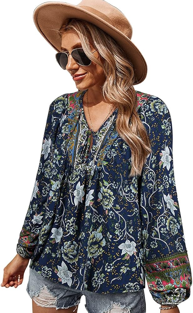 KAYWIDE Women's Casual Boho V Neck Top Loose Floral Printed Long Sleeve Beach Shirts Blouses | Amazon (US)