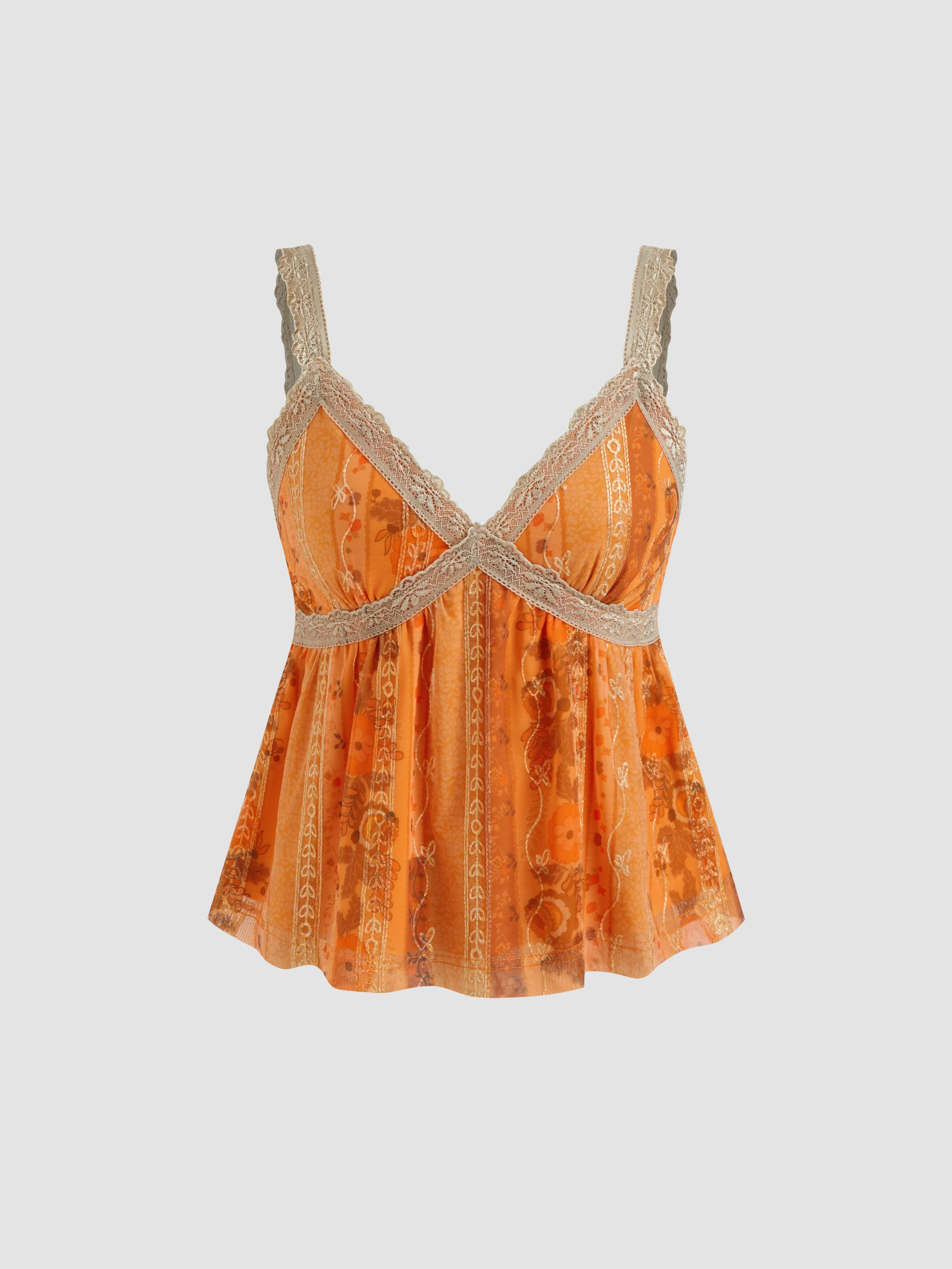 Mesh Mesh Sweetheart Floral Lace Trim Cami Top For Vacation | Cider