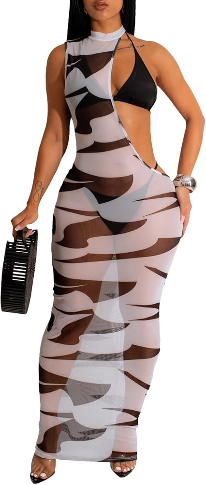 Women's Sheer Mesh Long Sleeve Bodycon Midi Dress Club Night Out Dresses Beach Cover Up Dress | Amazon (US)