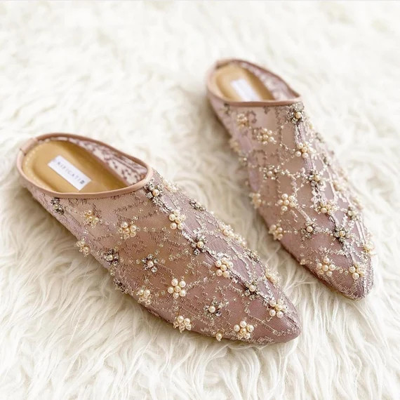 Women Embroidery Mules Rose Gold Handcraft Shoes Brocade | Etsy | Etsy (US)
