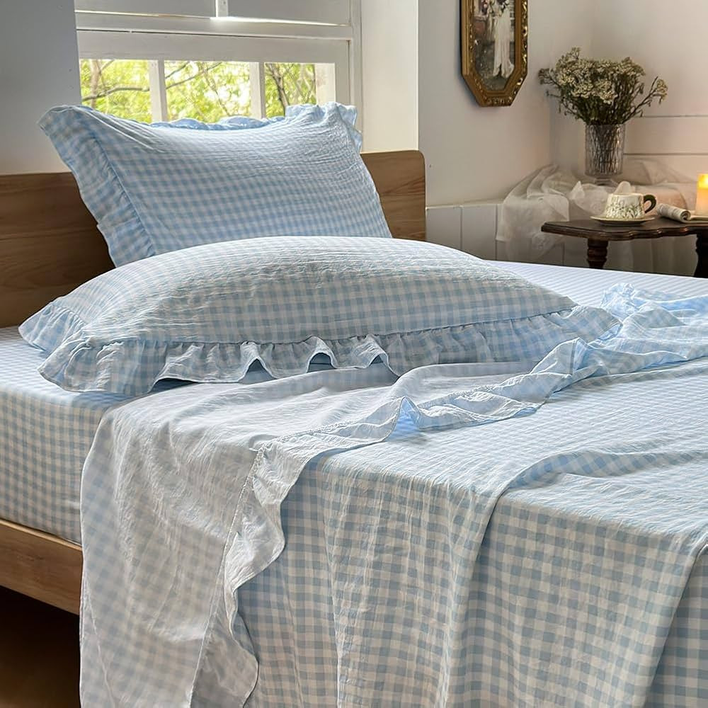 NSNLGSGC Light Blue Gingham Ruffle Queen Sheet Set, Blue Soft Pre-Washed Microfiber Plaid Queen B... | Amazon (US)