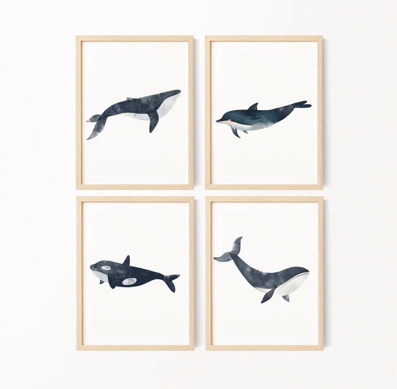 Ocean Print Wall Art, Nautical Kids Room, Watercolor Digital Print, Whale Dolphin Wall Decor, Sea... | Etsy (US)