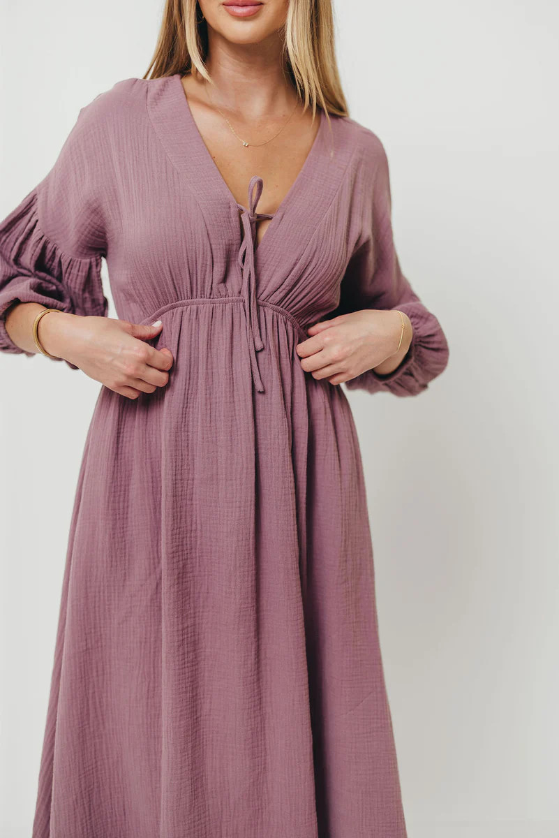 Hunter 100% Cotton Gauze Midi Dress in Smoky Plum - Bump Friendly | Worth Collective