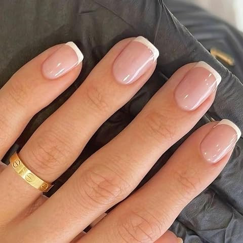 BTArtbox Press On Nails Short - Lamp-Curable Chrome French Tip Square Press On Nails with Glue fo... | Amazon (US)
