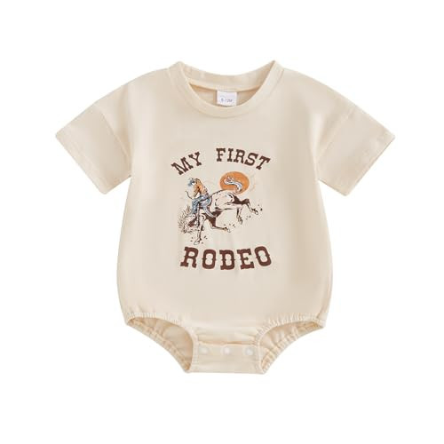 CREAIRY Baby Girl Boy 1st Birthday Outfit My First Rodeo Western Bubble Romper T-Shirt Short Sleeve Bodysuit Summer Clothes (Brown, 6-12 Months) | Amazon (US)