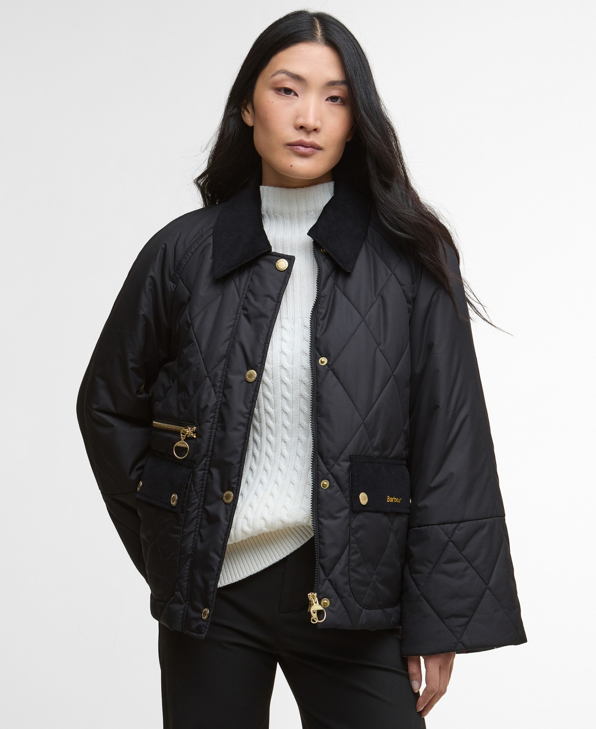 Barbour Women's Martha Corduroy-Collar Quilted Jacket - Black/Tartan | Macy's