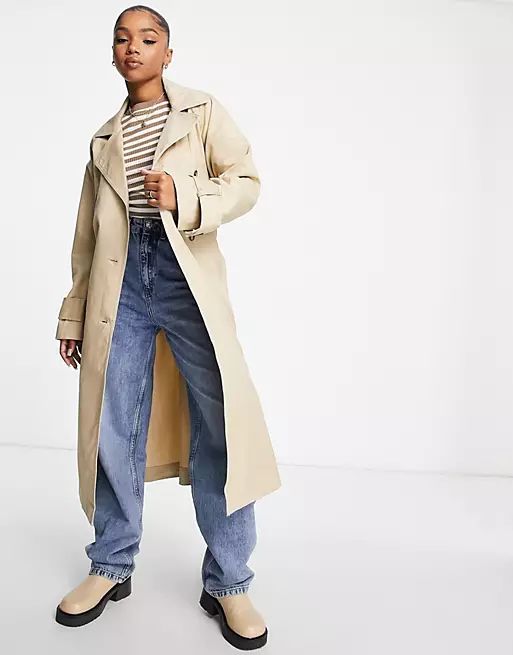 Monki oversized longline belted trench coat in beige twill | ASOS (Global)