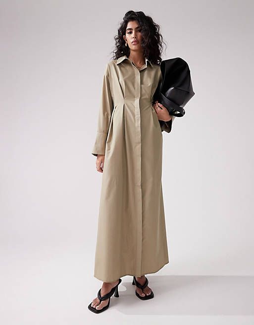 ASOS DESIGN pintuck waist maxi shirt dress in khaki | ASOS (Global)