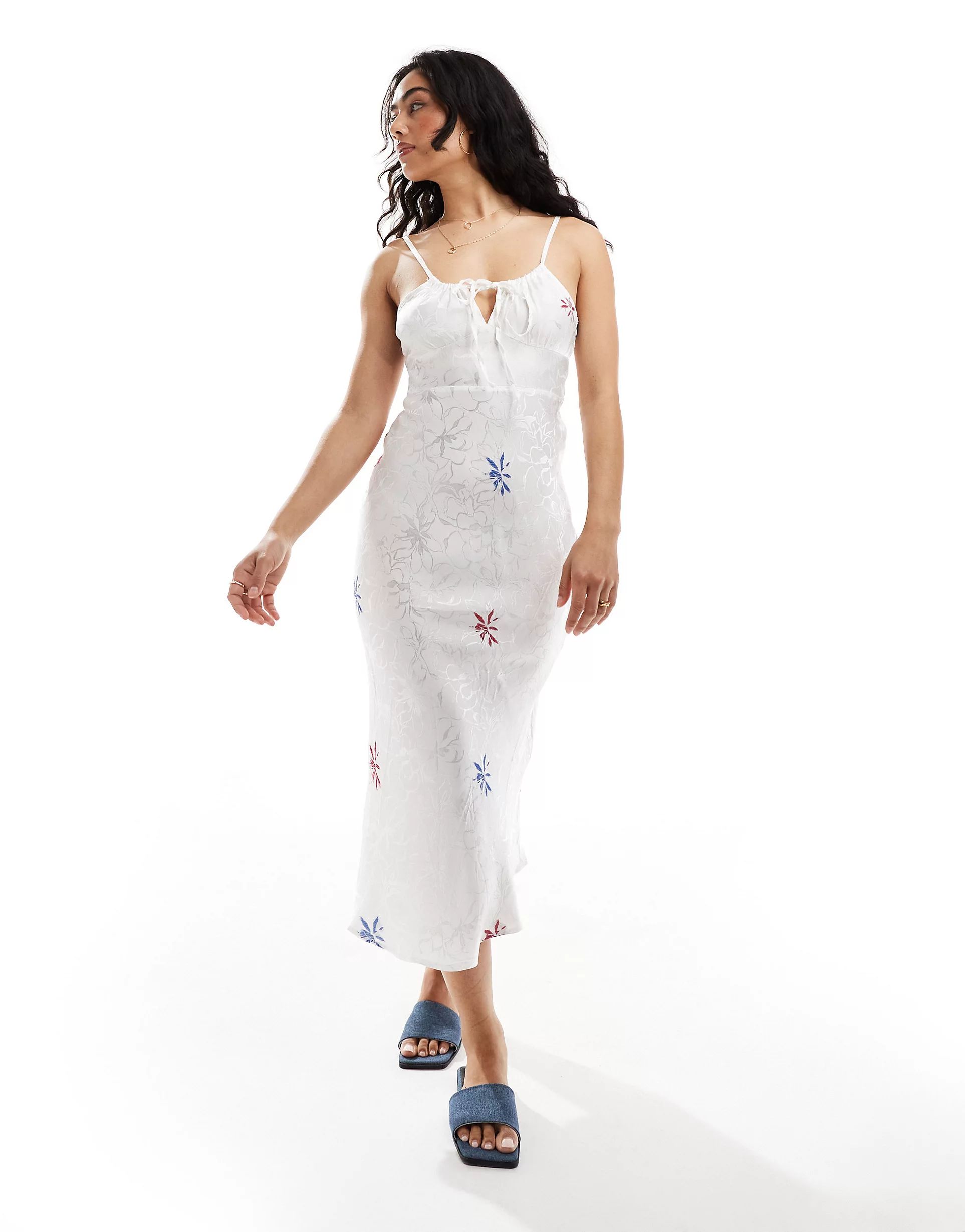 SNDYS satin embroidered floral midi dress in white | ASOS (Global)