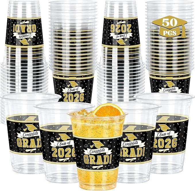 QZYL 50 PCS Black Gold Graduation Decorations, 14 OZ Graduation Cups 2026, Disposable Plastic Cup... | Amazon (US)