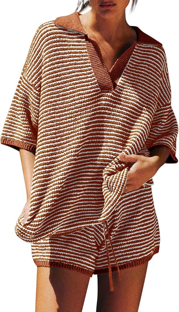 Tankaneo Womens Sweater Set 2 Piece Outfits Oversized 3/4 Sleeve V Neck Knit Tops High Waisted Sh... | Amazon (US)