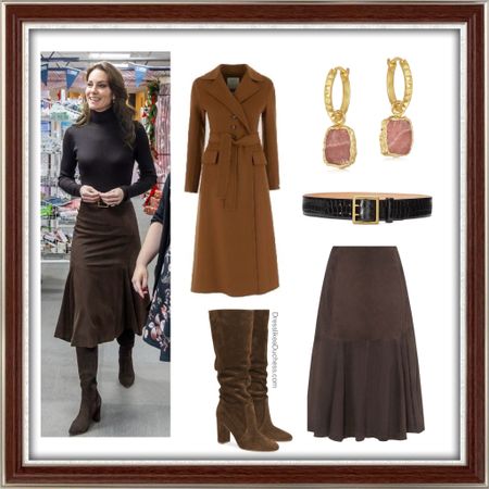 Kate Middleton Sportmax ezor coat, Missoma earrings, really wild skirt, Rossi Glen suede slouchy boots 