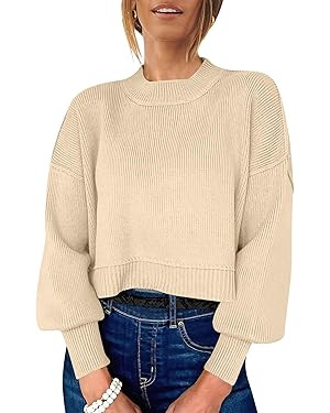 ANRABESS Womens Cropped Sweaters Oversized Crewneck Long Batwing Sleeve Side Slit Ribbed Knit Pul... | Amazon (US)