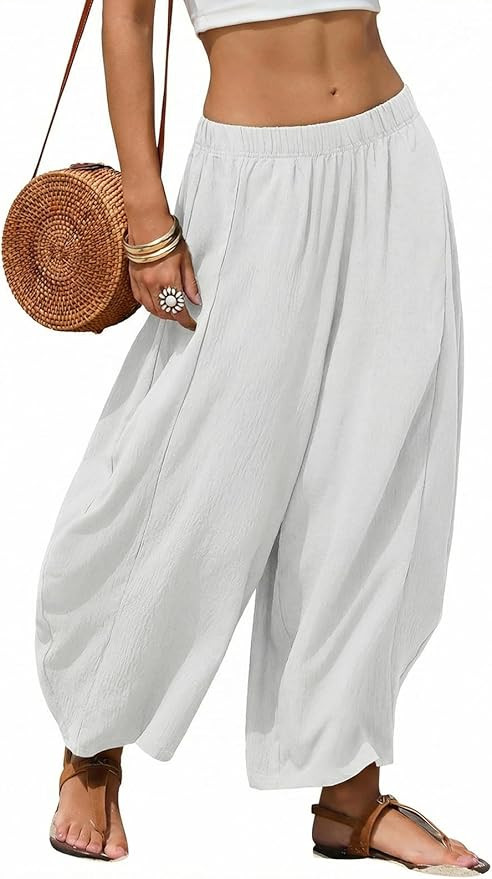 EXLURA Womens Faux Linen Wide Leg Boho Flowy Pants Summer Palazzo Casual Elastic Waist Baggy Trou... | Amazon (US)