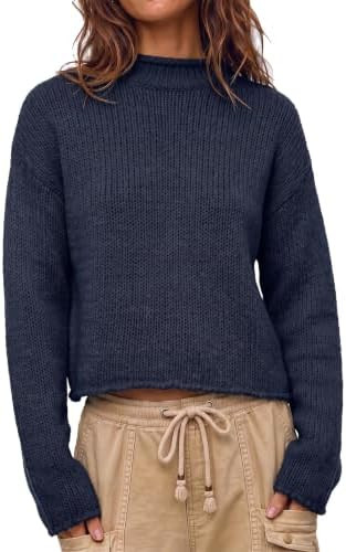 Cicy Bell Womens Cropped Sweater Rolled Neck Knit Fall Pullover Tops | Amazon (US)