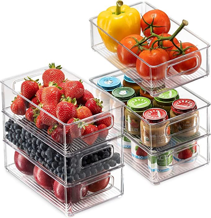 Set Of 6 Refrigerator Organizer Bins - Stackable Fridge Organizers with Cutout Handles for Freeze... | Amazon (US)