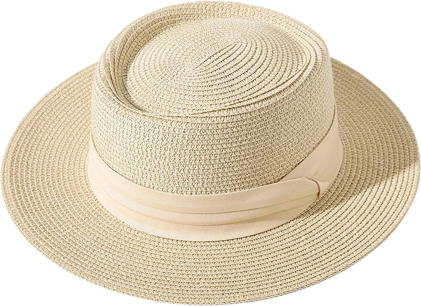 Lanzom UPF50+ Women Wide Brim Straw Panama Sun Hat Boater Summer Beach Sun Hat | Amazon (US)