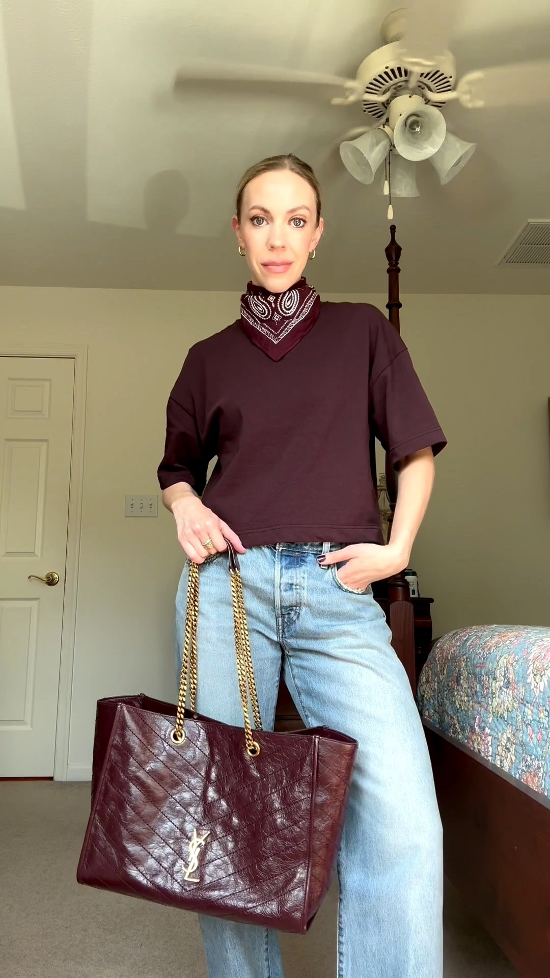 Styling a burgundy tee two ways - casual and date night or workwear (tee is 100% cotton and under $13)

#LTKOver40 #LTKWorkwear #LTKgrwm