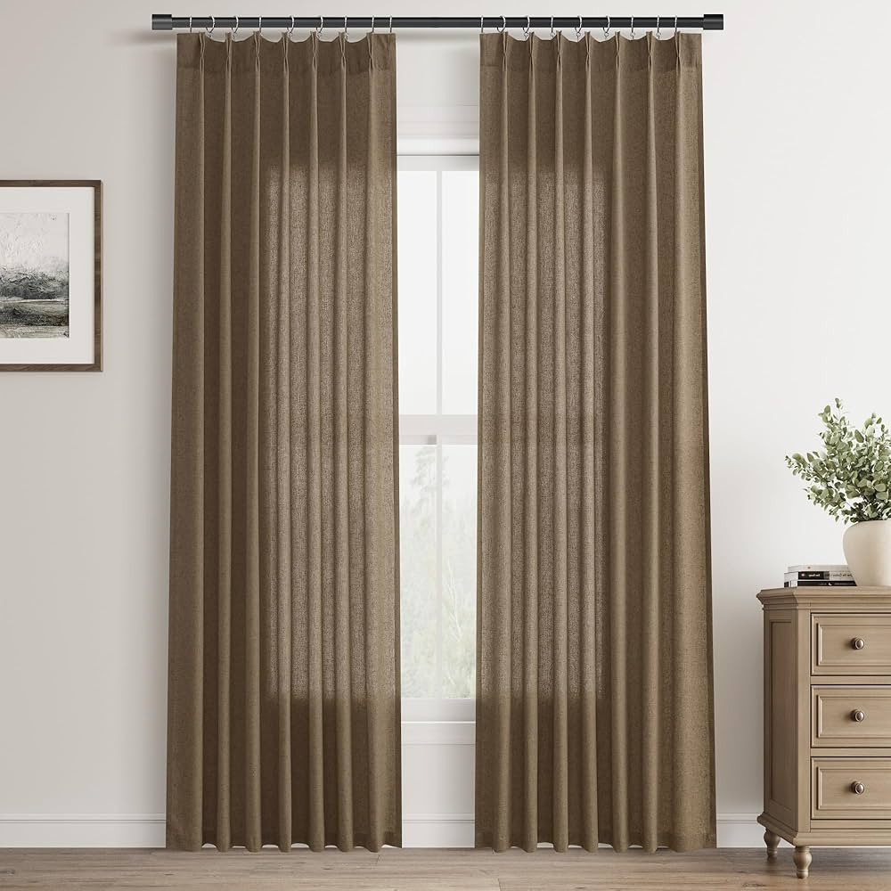 Brown Pinch Pleat Linen Curtains 84 Inch Length 2 Panels Set for Bedroom Dinging Room Semi Sheer ... | Amazon (US)