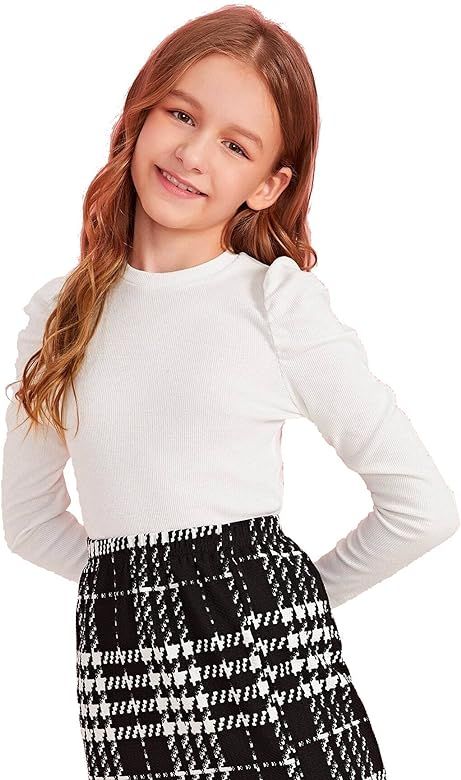 Floerns Girls Solid Puff Long Sleeve Round Neck Rib Knit Shirt Tee Top | Amazon (US)