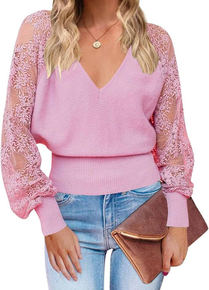 ZCSIA Women's Long Sleeve V Neck Lace Patchwork Solid Color Ribbed Knit Pullover Sweater Tops | Amazon (US)